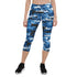 Blue camo sports Capri leggings by Maroon Sooty featuring a fitted design and elastic waistband for active wear.
