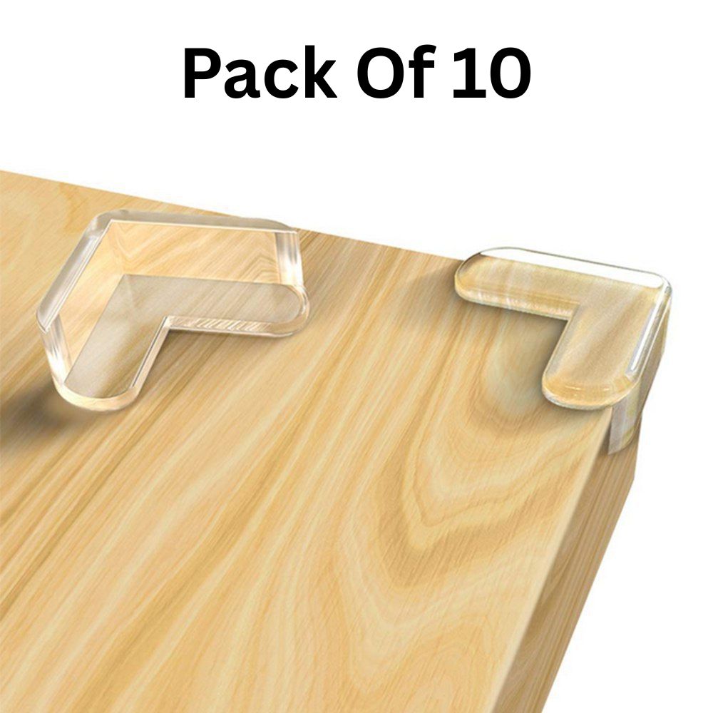 Set of 10 Coffee Caeneus baby safety corner protectors on furniture edges, designed to prevent injuries for children.
