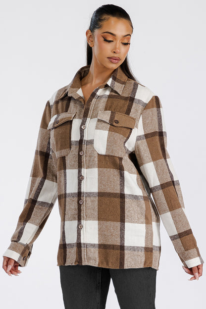Boyfriend oversized soft flannel shacket from Lime Milo, featuring a cozy plaid design and relaxed fit, perfect for casual layering.