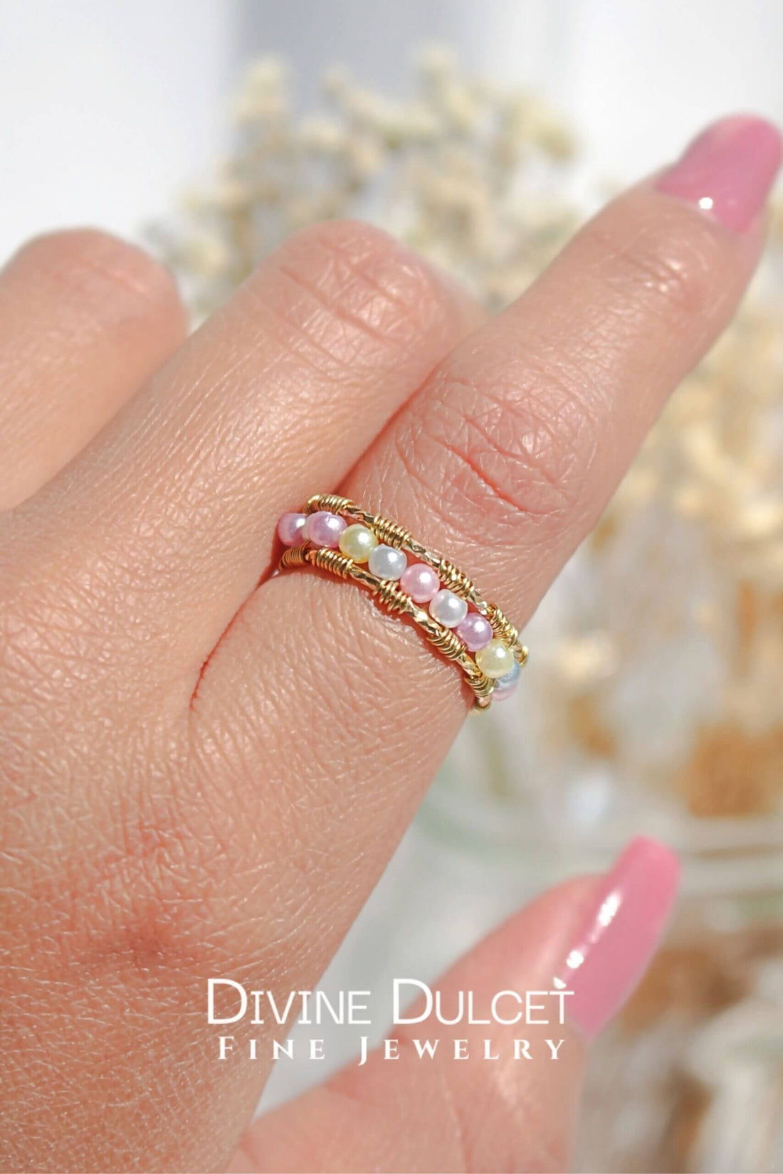 18K pastel rainbow hand-wired band ring by Ultramarine Birch featuring colorful, delicate wire craftsmanship on a slim band.