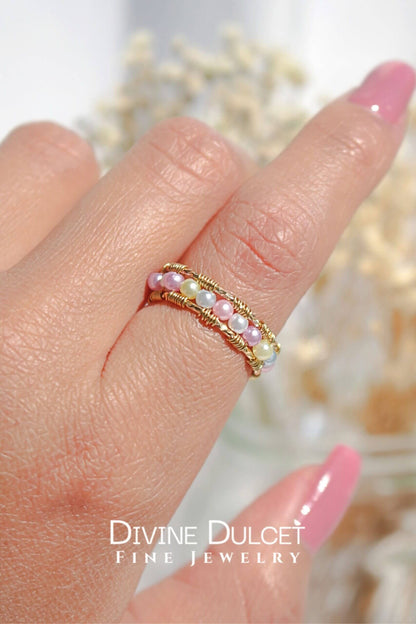 18K pastel rainbow hand-wired band ring by Ultramarine Birch featuring colorful, delicate wire craftsmanship on a slim band.