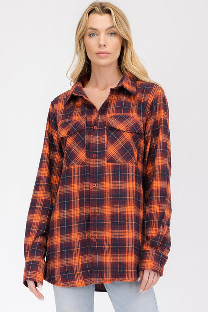 Lime Milo oversized boyfriend plaid checkered flannel top with long sleeves and button front, casual and cozy style.