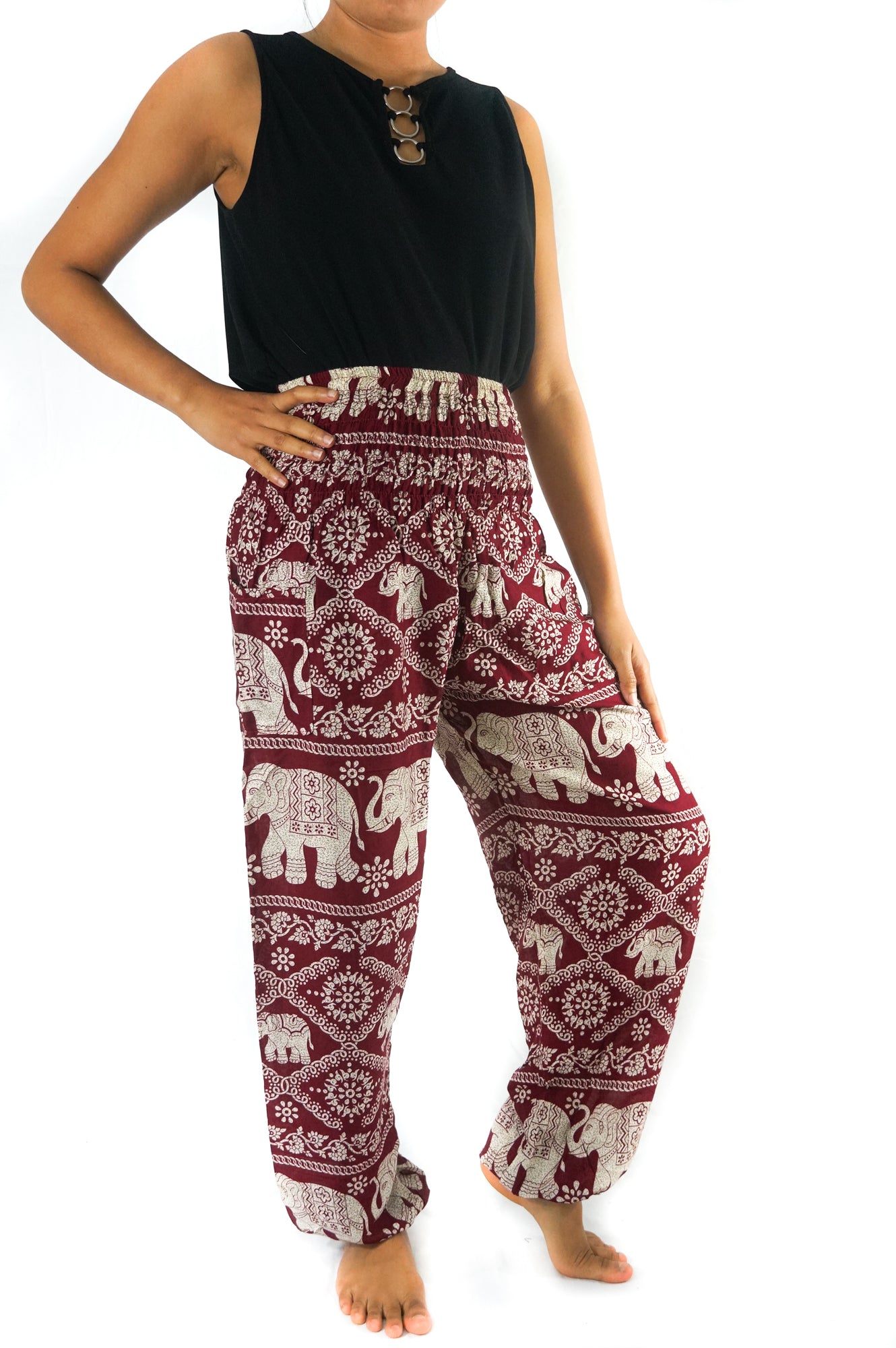 Burgundy Elephant print boho pants for women by Tan Smokey, featuring relaxed hippie style and comfortable yoga-inspired fit.