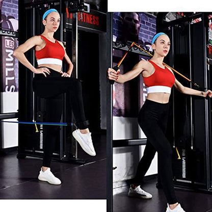 Set of 11 resistance bands from Teal Simba for fitness workouts, varying in length and resistance levels, made of durable elastic material.
