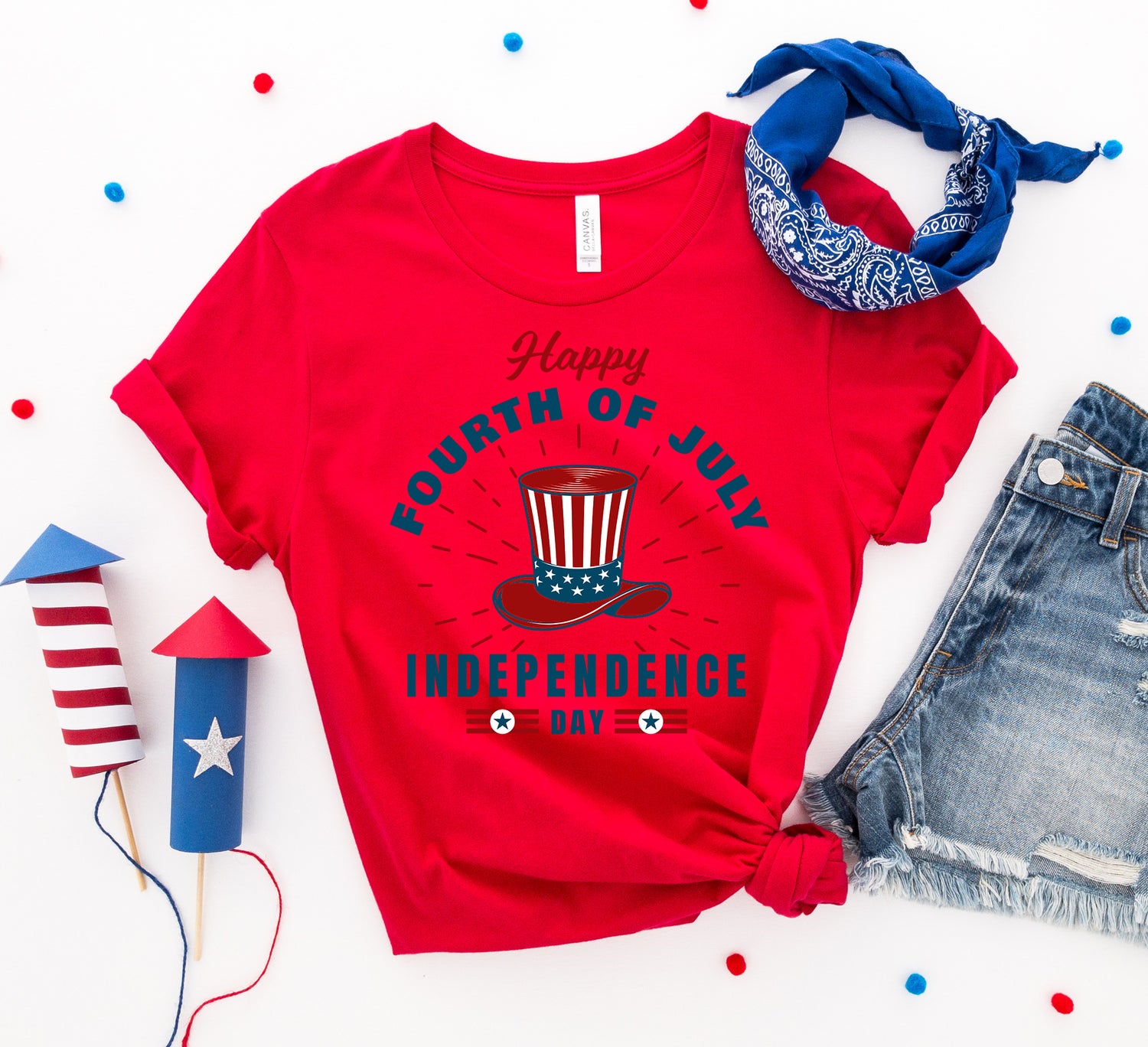 Red and white Happy Fourth of July T-shirt by Agate featuring patriotic design and casual fit, displayed on a hanger.