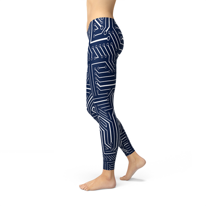 Womens navy blue circuit-pattern leggings by Maroon Sooty, featuring a fitted design and elastic waistband for comfort.