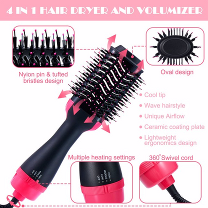 Lilac Milo hot air brush styler and volumizer for hair, showing a sleek hair dryer and straightener in a bathroom setting.