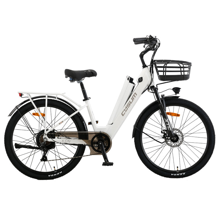 Puce Hades CYSUM X-City women’s 26-inch aluminum e-bike with 250W motor, 10Ah battery, ready for urban biking adventures.