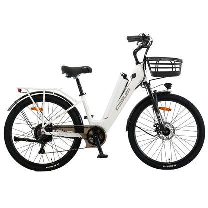 Puce Hades CYSUM X-City women’s 26-inch aluminum e-bike with 250W motor, 10Ah battery, ready for urban biking adventures.