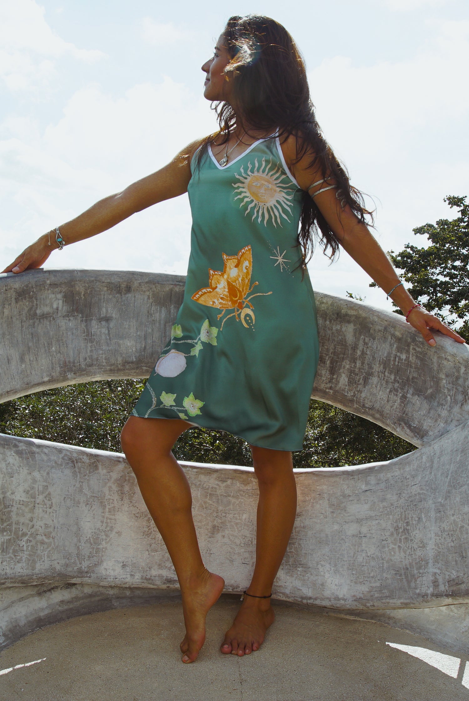 Violet Apollo Vela Silk Slip Dress in Green Jungle Butterfly print, women&