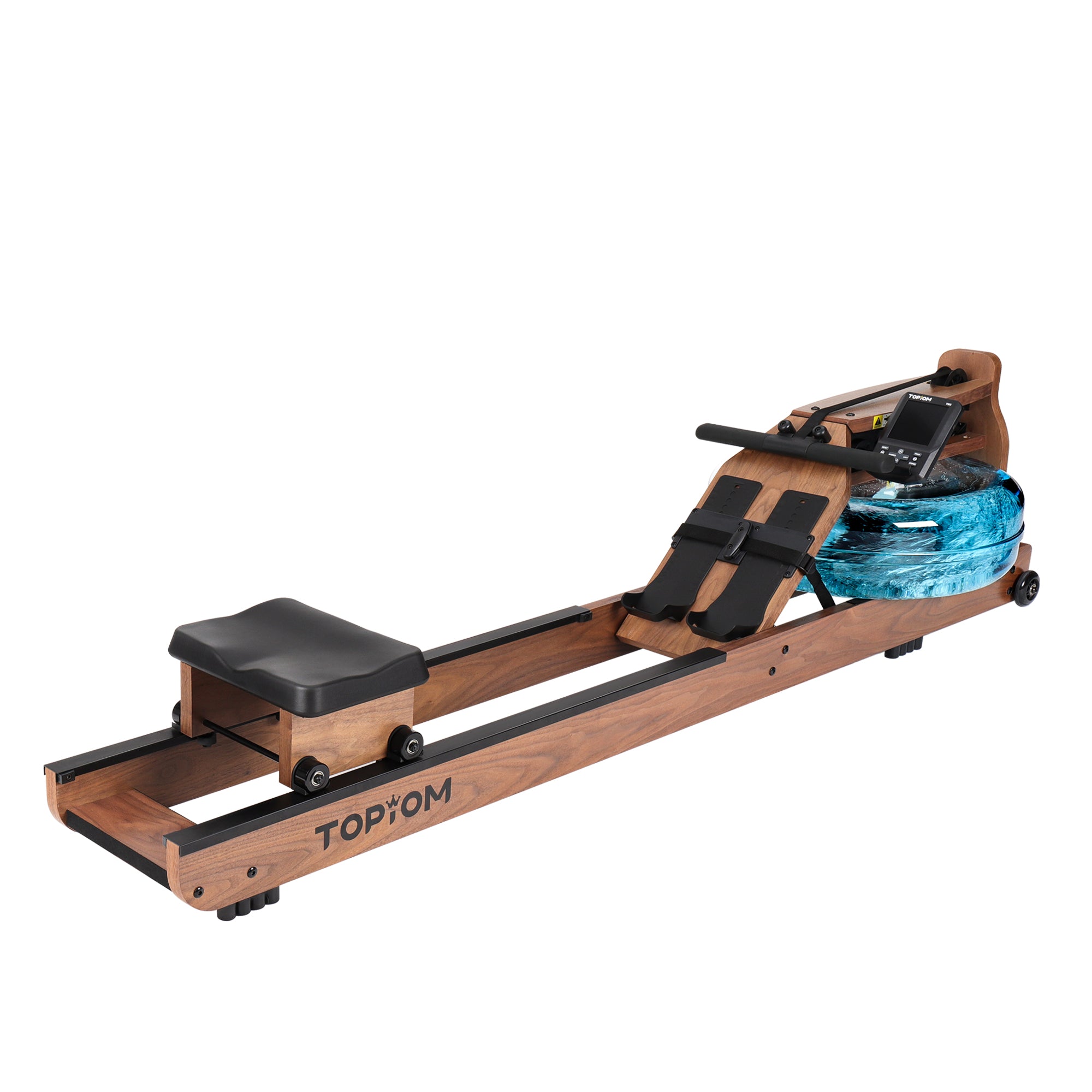 Olive Nyx Topiom rowing machine for home use with solid wood frame and TM3 monitor, showing the sleek design and adjustable rowing handle.