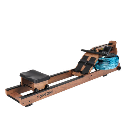 Olive Nyx Topiom rowing machine for home use with solid wood frame and TM3 monitor, showing the sleek design and adjustable rowing handle.
