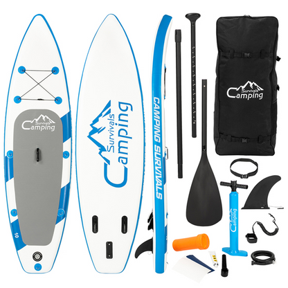 Inflatable 11-foot paddle board by Lilac Milo, suitable for surfing and water sports, shown partially inflated on a sandy beach.