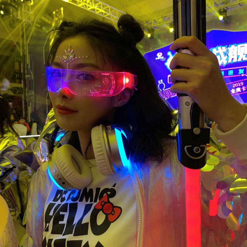 Lilac Milo cyberpunk LED goggles with seven glowing color options, luminous glasses for tech accessories and futuristic style.