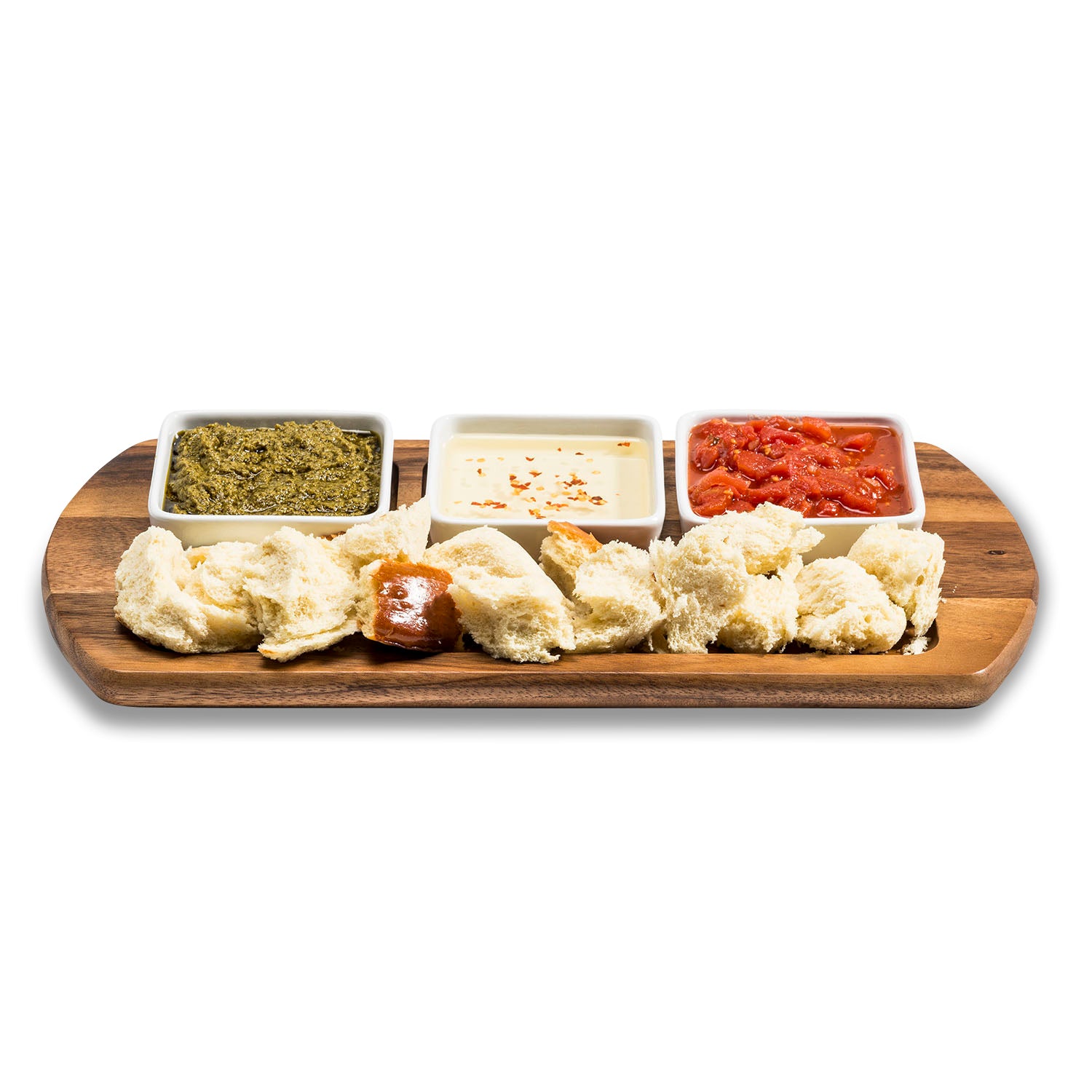 Azure Lily ceramic serving tray with three square bowls for charcuterie and appetizers, perfect for kitchen presentation.