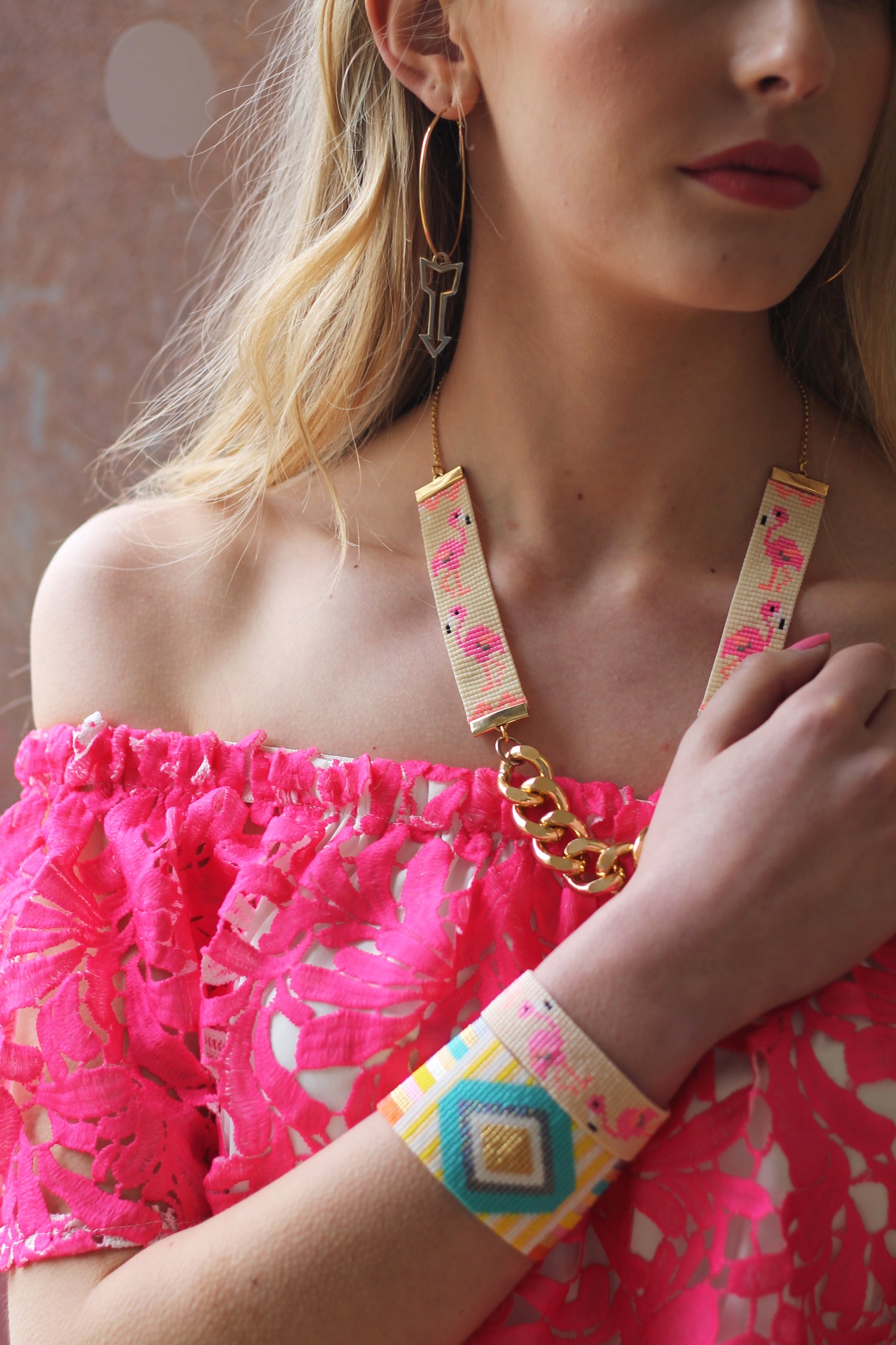 Yellow Athena Flamingo bracelet featuring a pink flamingo charm on a delicate chain, jewelry and watch accessory.