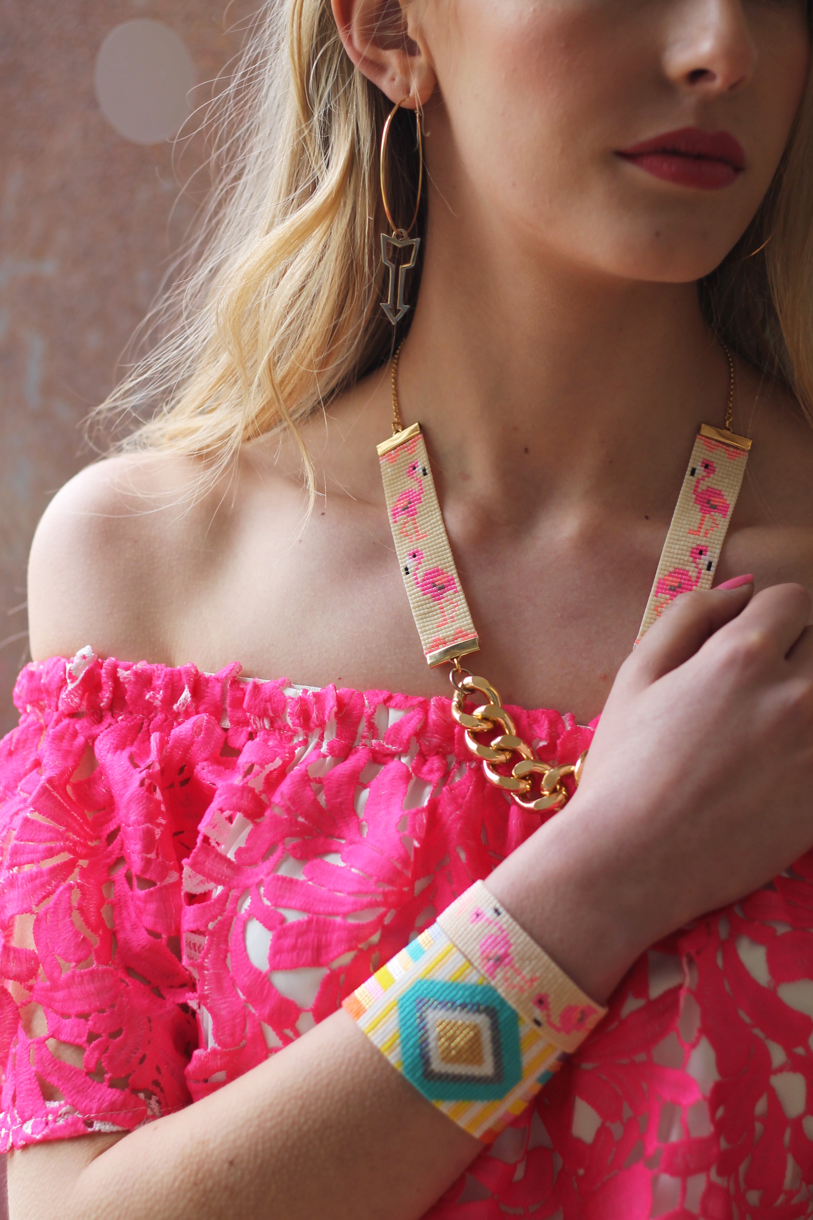 Yellow Athena Flamingo bracelet featuring a pink flamingo charm on a delicate chain, jewelry and watch accessory.