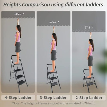 Teal Simba 2-4 step steel folding ladder with anti-slip pedals, sturdy home and garden step stool, safety features visible.
