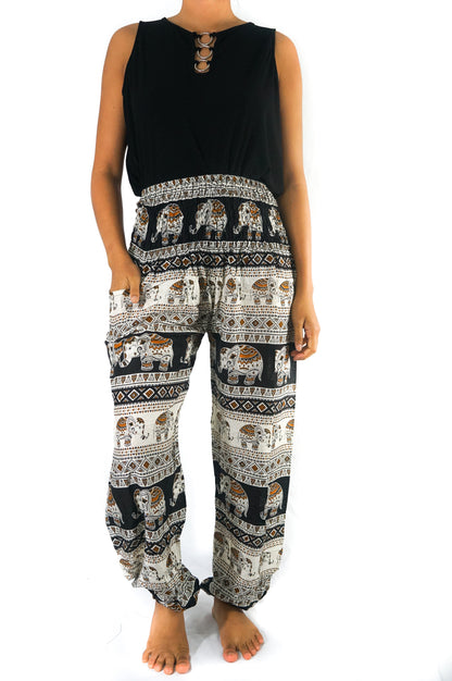 Black Elephant print boho pants for women, featuring a relaxed fit and hippie style, perfect for yoga and casual wear.