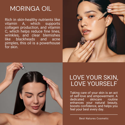 Organic yellow poppy Moringa seed oil for skincare, cold pressed and unrefined in a clear glass bottle with a dropper