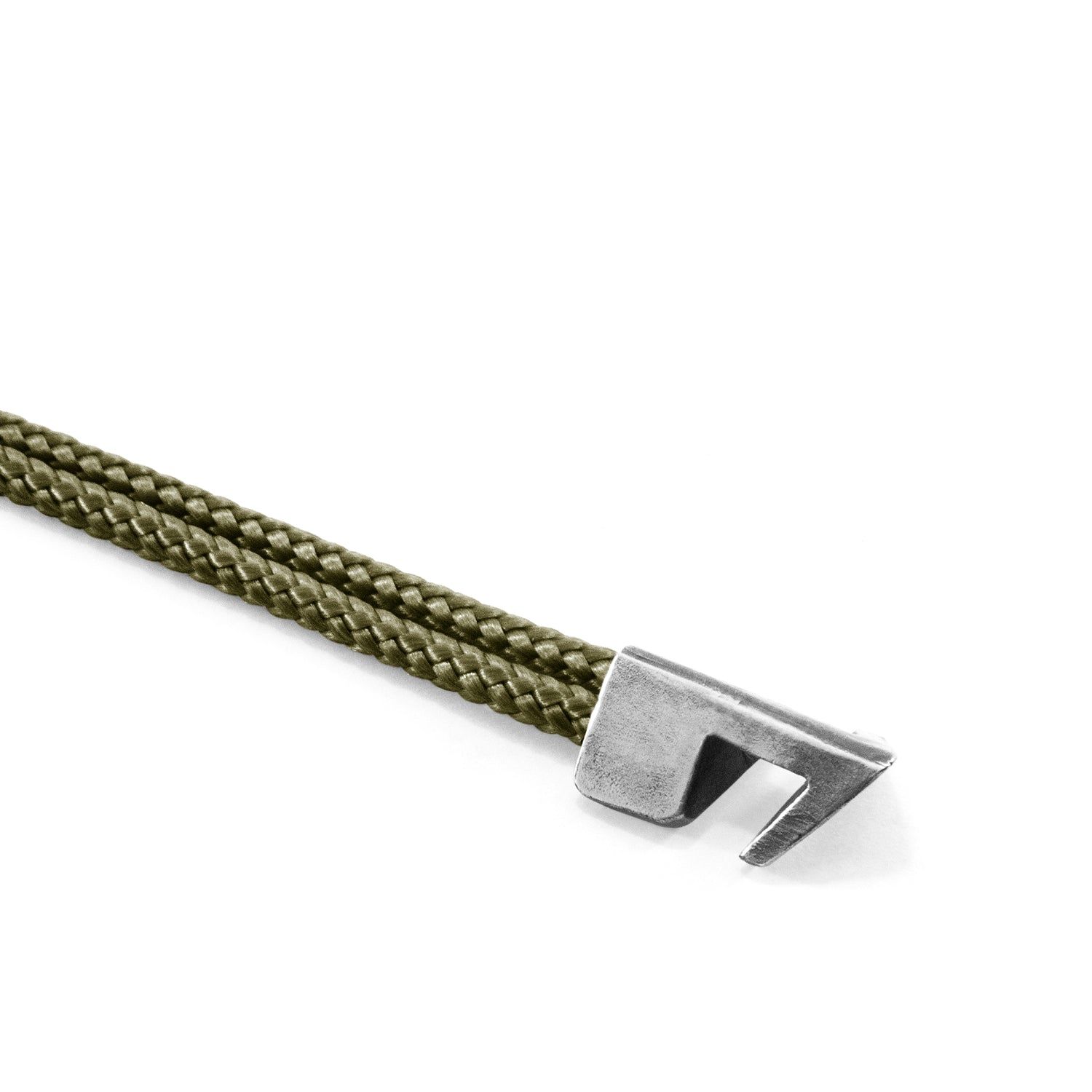 Khaki green Brixham silver and rope bracelet by Magenta Sooty featuring a woven rope design with silver accents.