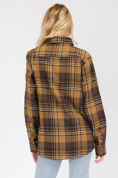 Lime Milo oversized boyfriend plaid checkered flannel top, casual long-sleeve blouse with a relaxed fit and button-front design.