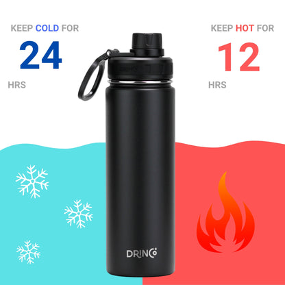 Black DRINCO® 22oz stainless steel sport water bottle with black lid, designed for active hydration and durable drinkware.