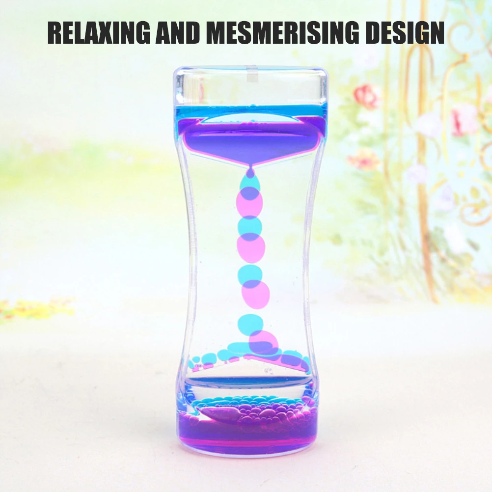 Colorful liquid sand hourglass timer from Lilac Milo, designed for home decor and anxiety relief with vibrant flowing liquids.