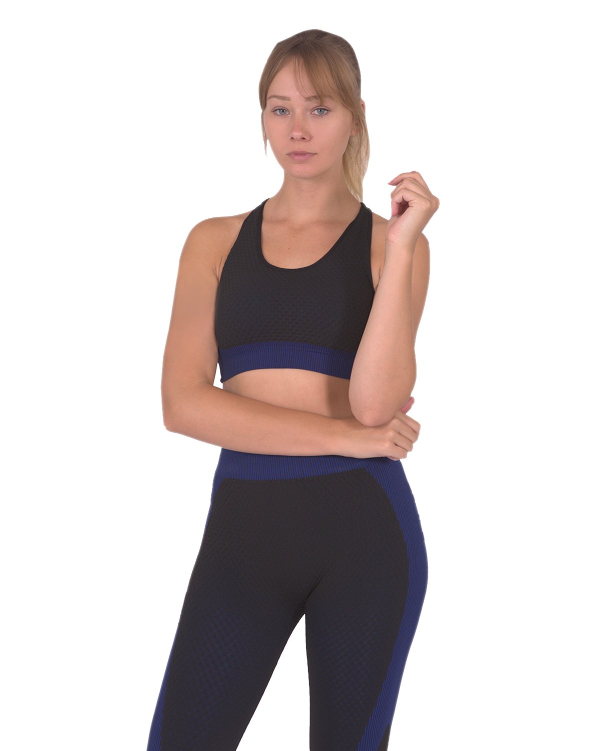 Lazurite Trois seamless black and navy sports bra for activewear, shown on a mannequin with supportive fit and smooth fabric.