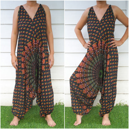 Tan Smokey Chakra Hippie jumpsuit featuring boho style, flowing fabric, and festival-ready design, perfect for bohemian fashion.