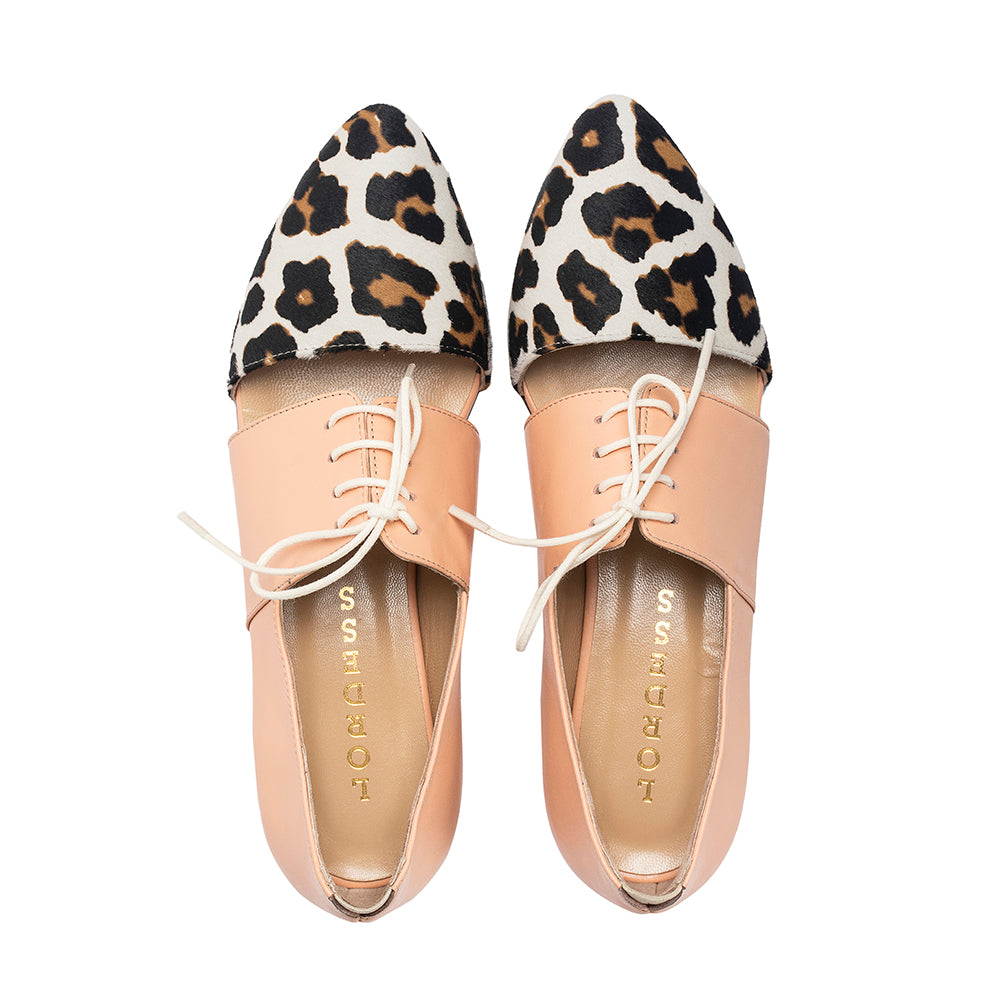 Pink Tulip leather flats with calf hair detailing, stylish Lordess Sapien brand slip-on shoes for comfortable daily wear.
