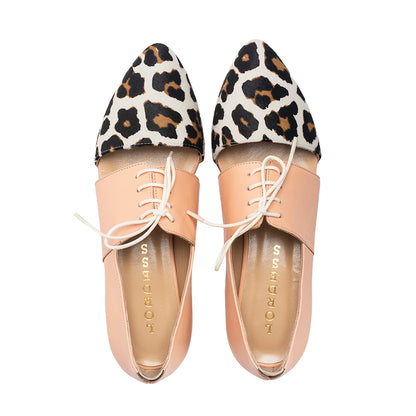 Pink Tulip leather flats with calf hair detailing, stylish Lordess Sapien brand slip-on shoes for comfortable daily wear.