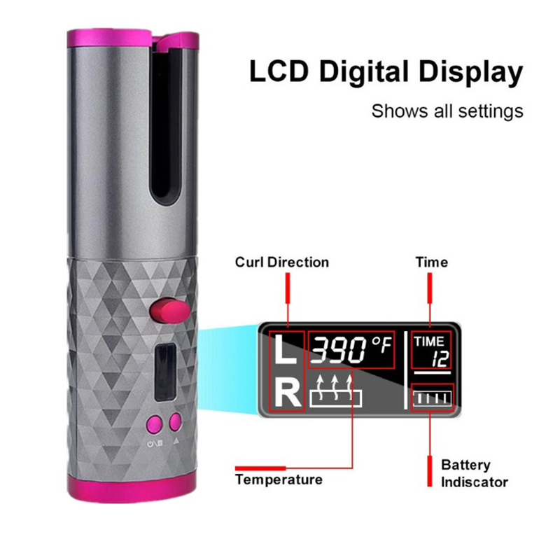 Lilac Milo cordless LCD display rotating hair curler rollers for easy styling, shown in use with smooth, shiny hair.
