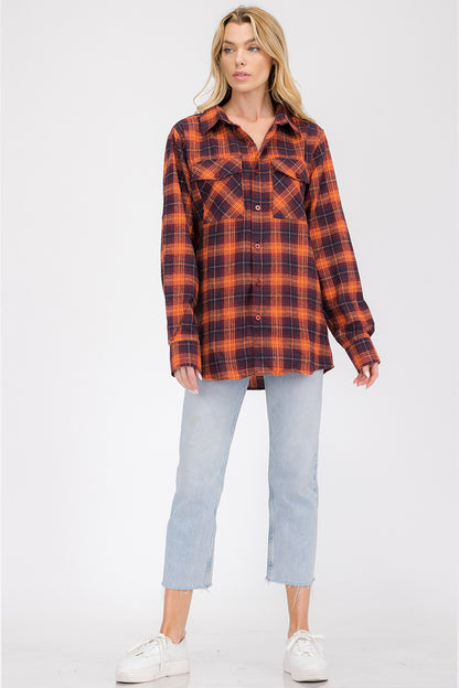 Lime Milo oversized boyfriend plaid checkered flannel top in red and black, casual long sleeve blouse for women.