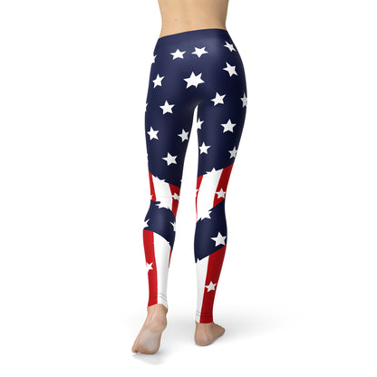 Women’s American flag leggings by Maroon Sooty featuring patriotic stars and stripes in a comfortable, stretchy fabric.