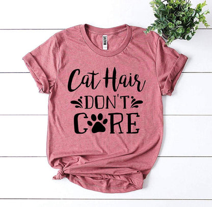 Agate Cat Hair Don’t Care T-shirt featuring a playful cat design, casual black cotton tee for cat lovers and humor enthusiasts.
