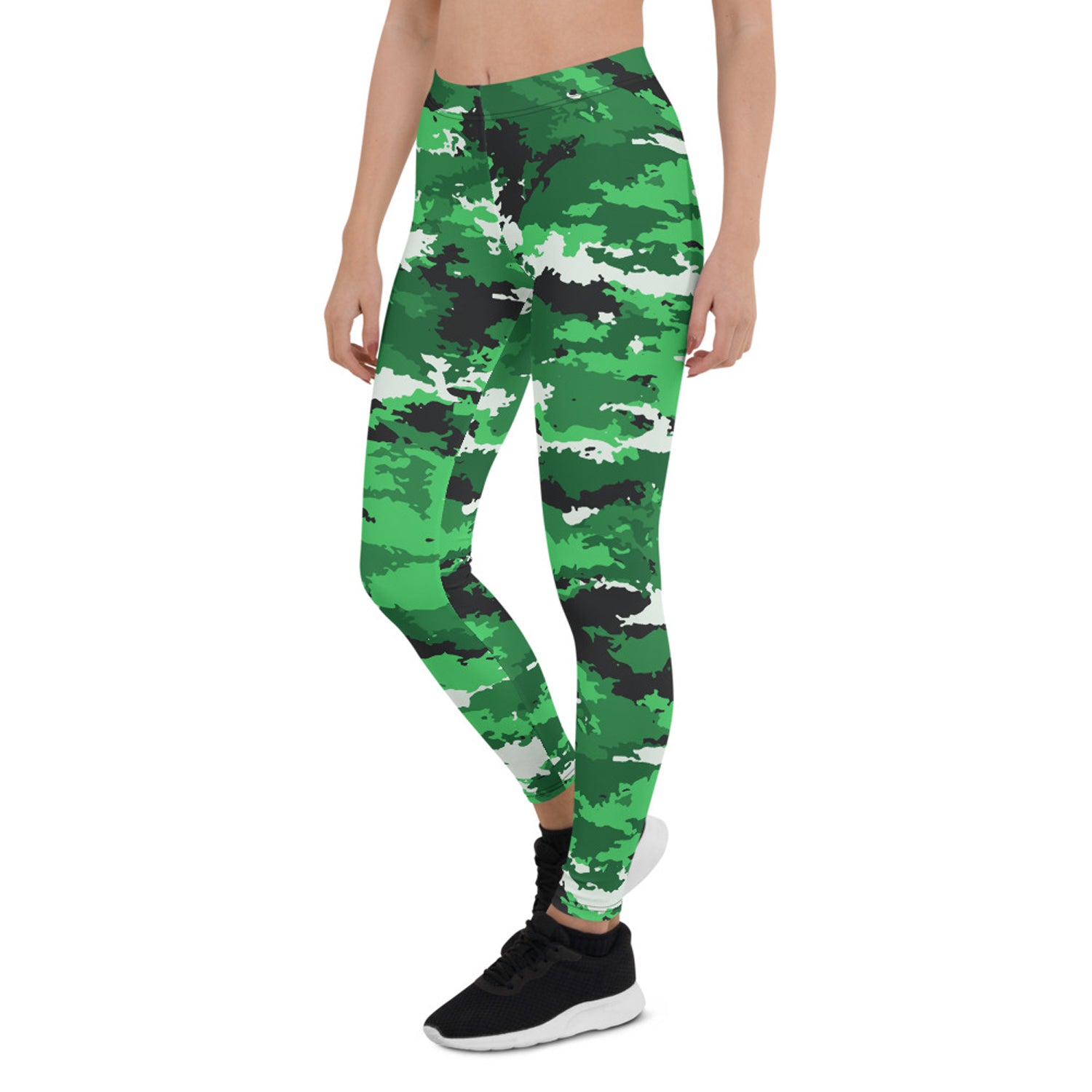 Maroon Sooty green camo leggings for women, activewear with a fitted waistband and bold camouflage pattern.
