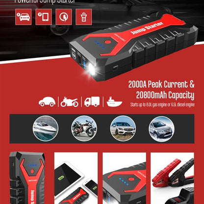 Teal Simba 2000A 20800mAh portable car jump starter with battery booster pack and automotive charging cables.