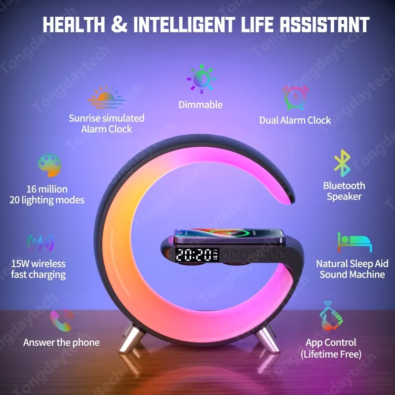 Teal Simba multifunctional wireless charger, alarm clock, and speaker with APP control, modern tech accessory with digital display.