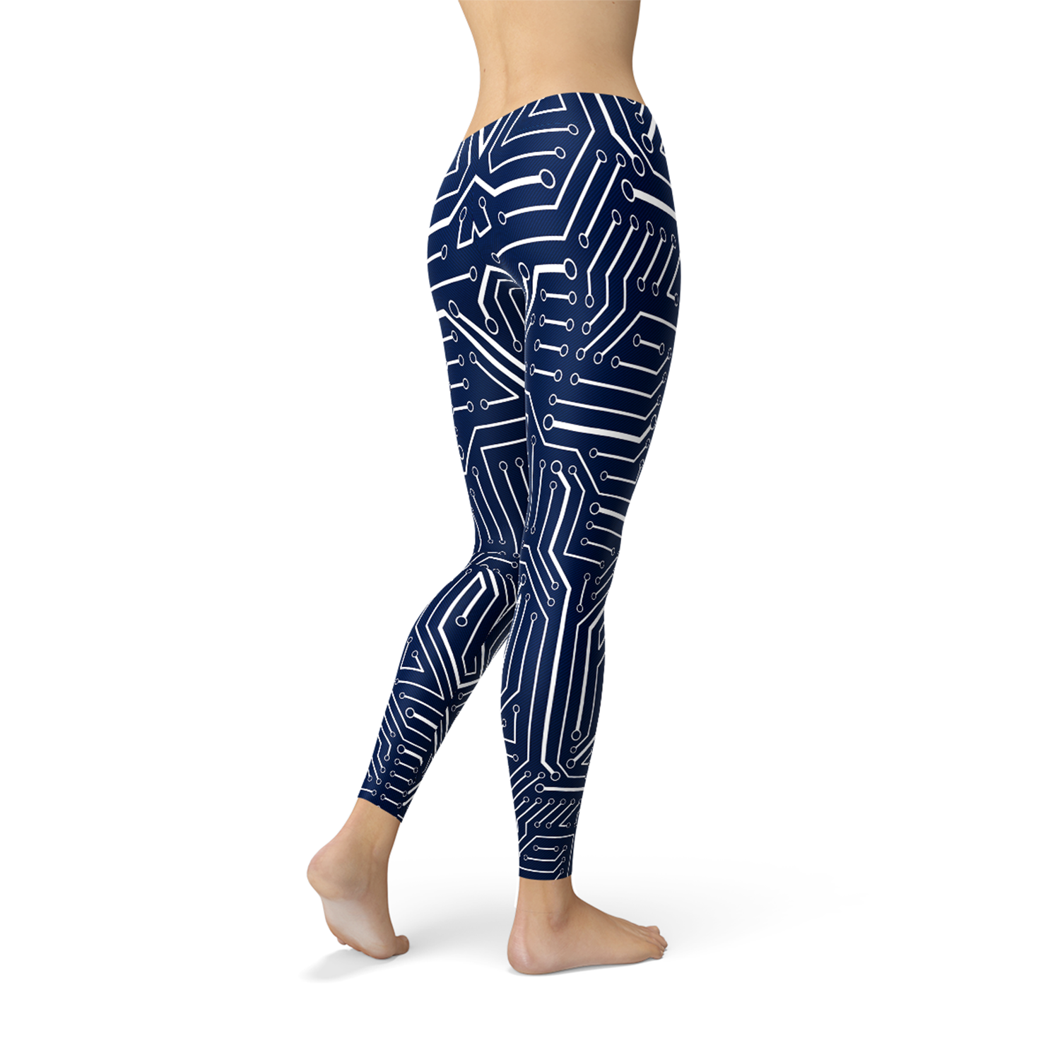 Women’s navy blue circuit leggings by Maroon Sooty featuring a sleek, fitted design and geometric circuit pattern.
