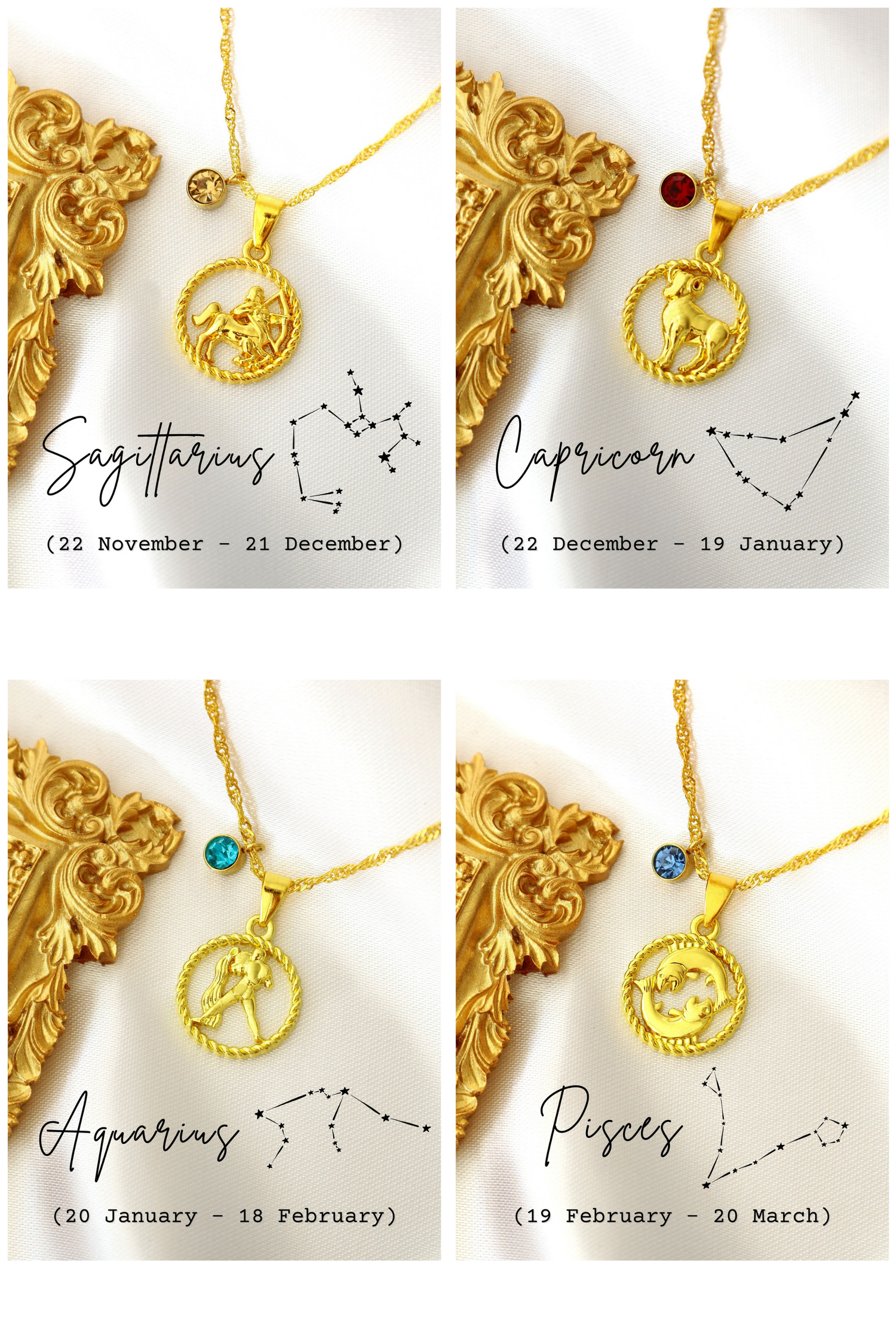 18K gold Zodiac sign and birthstone necklace by Ultramarine Birch featuring a pendant with zodiac symbol and sparkling gemstone.