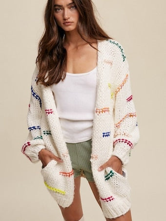 Hand-crochet Champagne Erebus boho chunky cardigan sweater with open front and relaxed fit, featuring textured knit pattern.