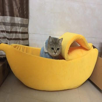 Fuchsia Molly banana-shaped cat house made of cozy fabric, designed for cats to rest and play indoors.