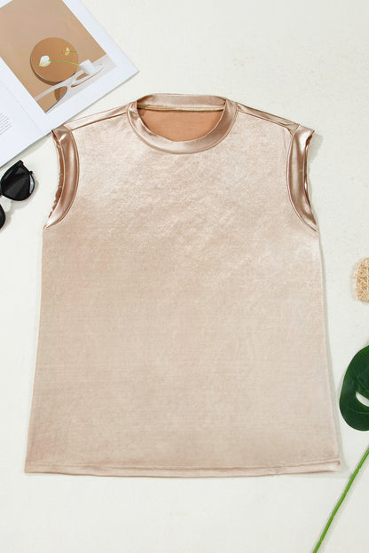 Shiny metallic round neck tank top from Byzantium Bay, sleeveless design with a smooth, reflective fabric finish.