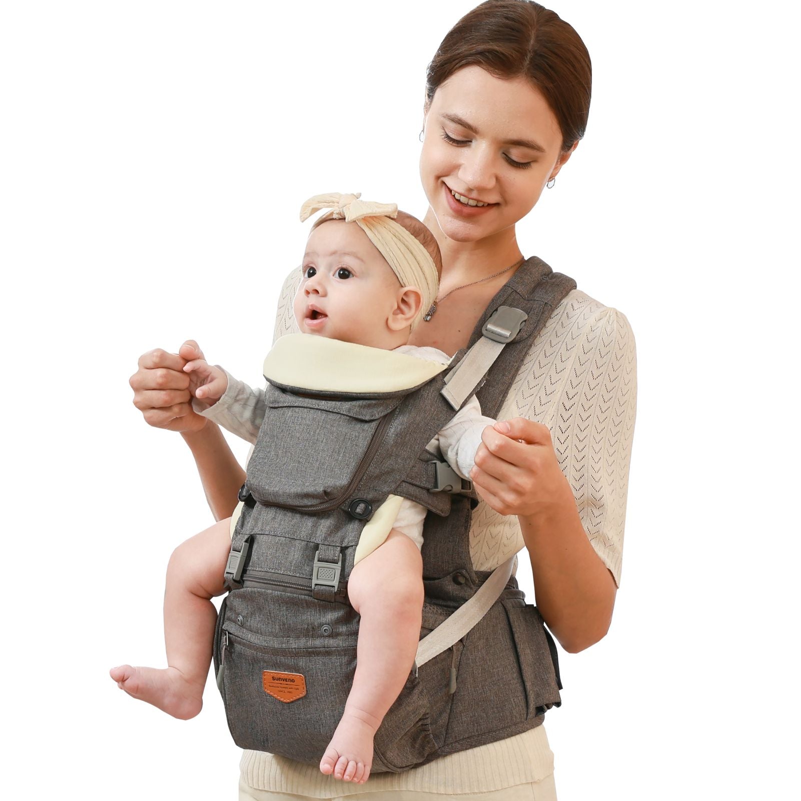Maroon Chronos ergonomic 3-in-1 baby carrier and hipsat with adjustable straps and soft fabric for comfortable baby carrying.