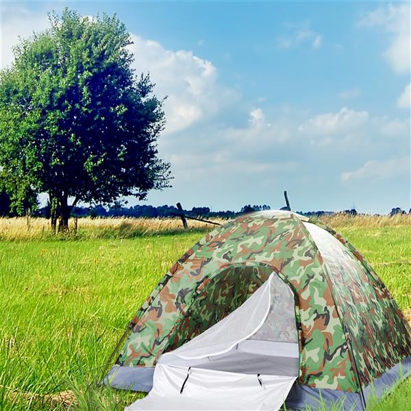 Camouflage 3-4 person camping dome tent by Teal Simba set up outdoors, showing its durable fabric and ventilation windows.