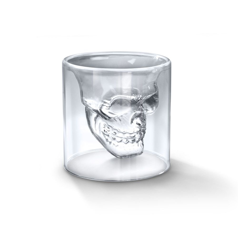 Fuchsia Molly Doomed Skull shot glass with detailed skull design, clear glass drinkware for shots and collectibles.