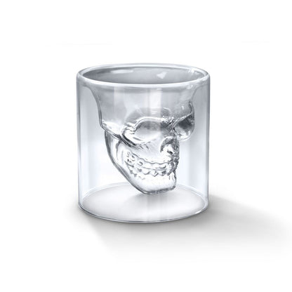 Fuchsia Molly Doomed Skull shot glass with detailed skull design, clear glass drinkware for shots and collectibles.