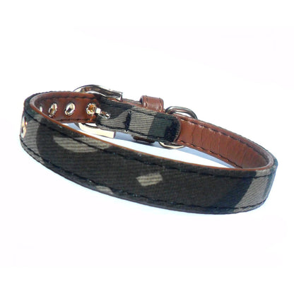 Salmon Oscar army fabric and brown vegan leather pet collar with metal buckle and D-ring for leash attachment.