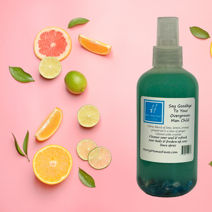 Maroon Blackhaw Body &amp; Linen Spray infused with quartz crystals, featuring a sleek bottle with a soft, natural-colored spray nozzle.